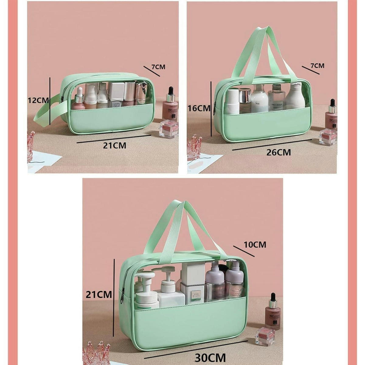 KULTURTASCHE 3-teiliges Set Transparent Grün - Grün, Kunststoff (7/21/30cm)