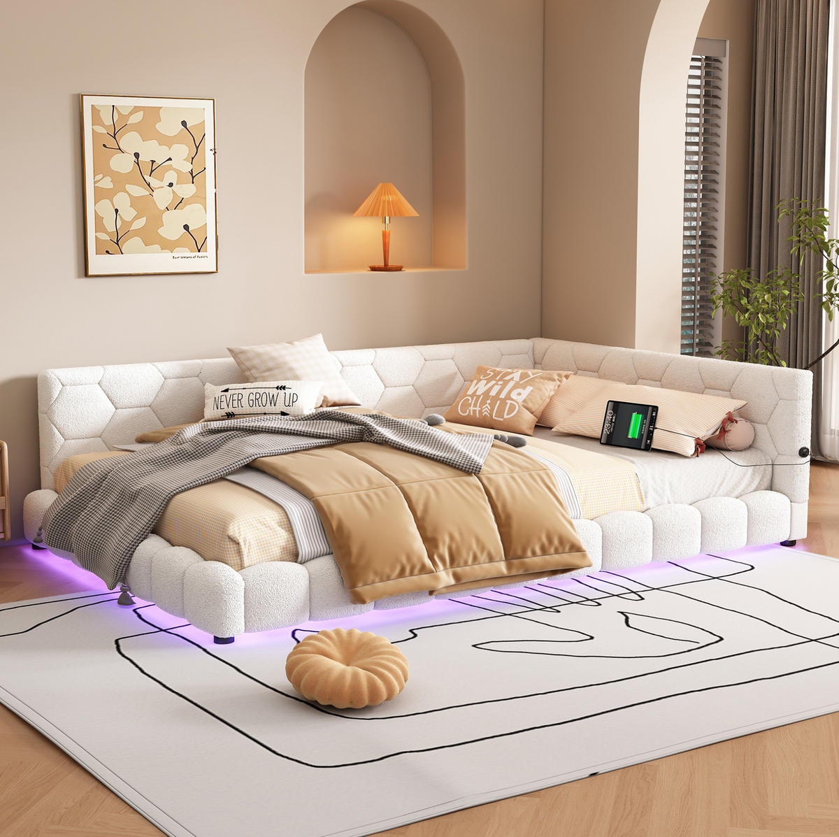 POLSTERBETT 140/200 cm aus Vliesimitat und MDF mit LED-Beleuchtung, USB- und Typ-C-Anschluss Weiß - Weiß, Textil (140/200cm) - Modenvie