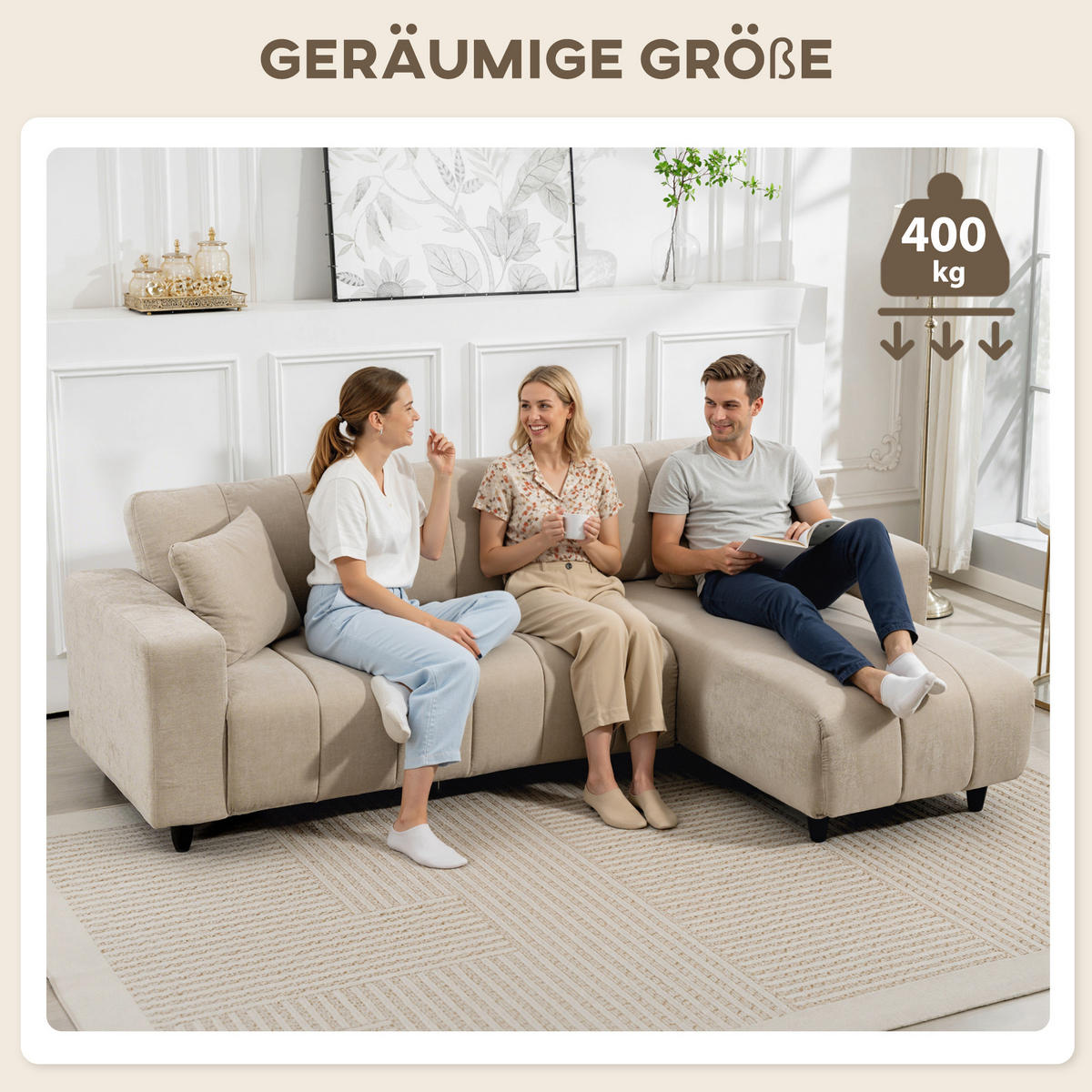 ECKSOFA, 3 Sitzer Couch in L-Form mit umkehrbarer Chaiselongue, Kissen, Beige - Beige/Schwarz, Kunststoff/Textil (156/242cm) - HOMCOM