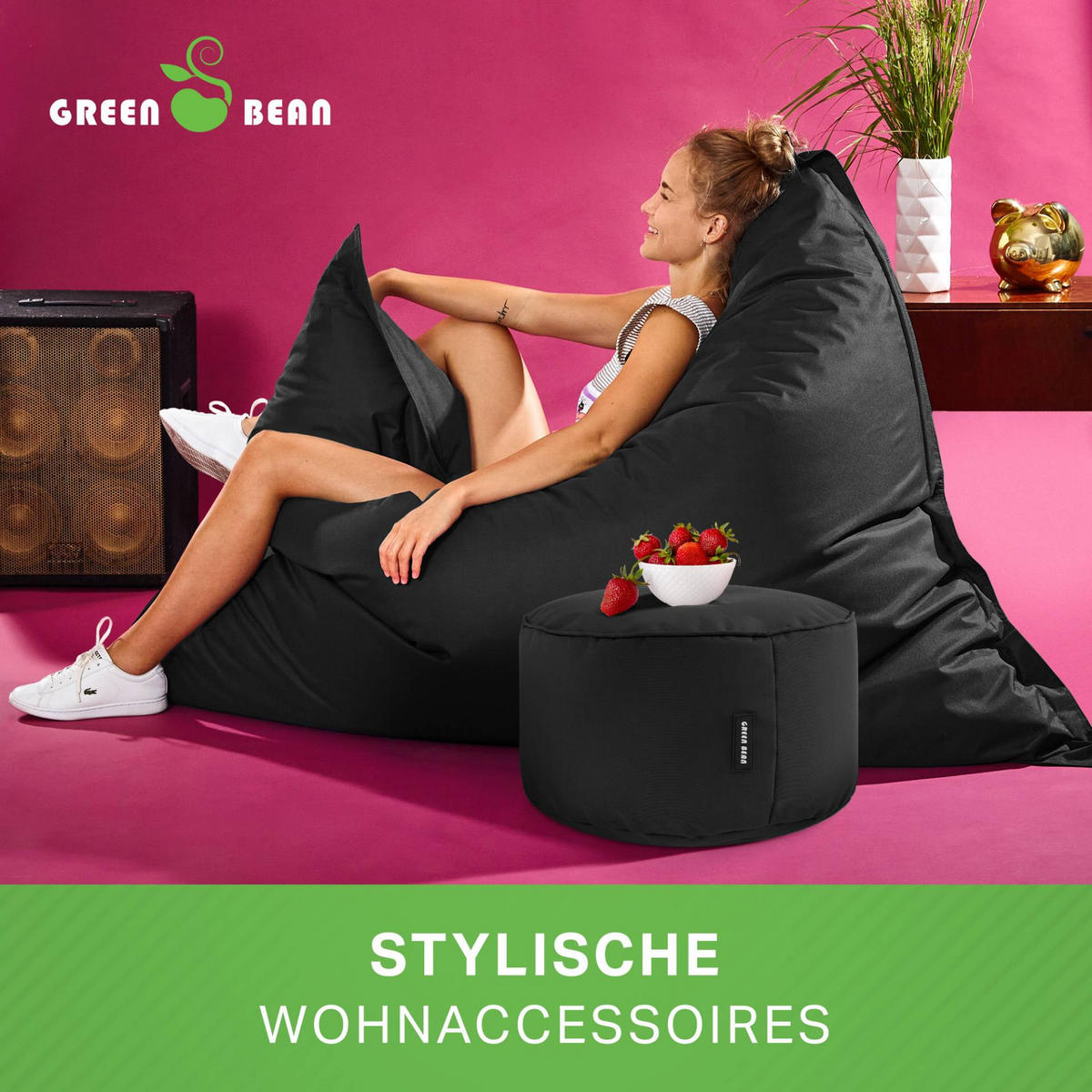 XXL-SITZSACK + Pouf 2er Set - 140x180cm - Schwarz, Textil (140/25/180cm) - Green Bean