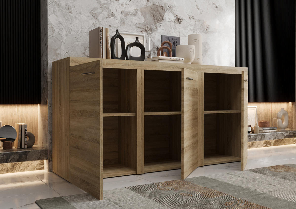 KOMMODE London LRXK mit 3 Türen, Sideboard in Farbe: Hellbraun, Größe: 149 x 82 x 40 cm - Hellbraun, Holzwerkstoff (149/82/40cm) - O-Sofa