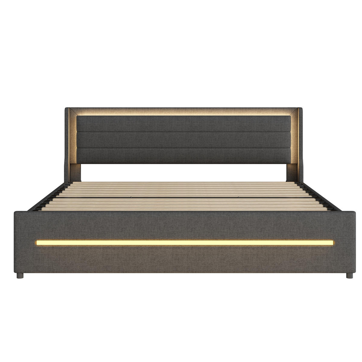 POLSTERBETT 180/200 cm grau mit farbwechselnder LED-Beleuchtung und vier Ablagefächern - Grau, Textil (180/200cm) - OKWISH