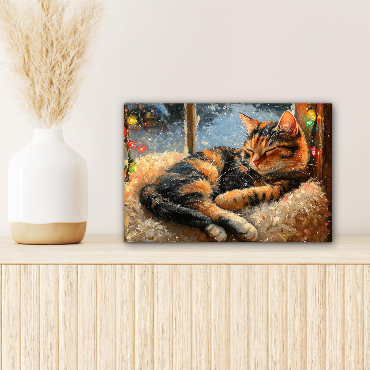 LEINWANDBILD Katze - Weihnachten - Winter - Tier 30x20 cm - Bernsteinfarben, Textil (30/20cm) - MuchoWow