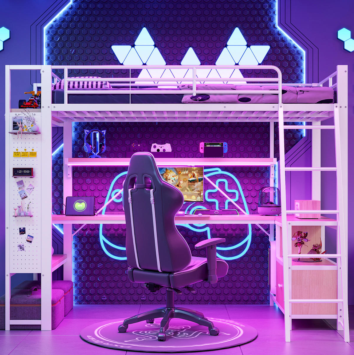 HOCHBETT 90/200 cm, Weiß, mit LED-Lichtleiste, Schreibtisch, ohne Matratze - Weiß, Metall (90/200cm) - MIVRAY
