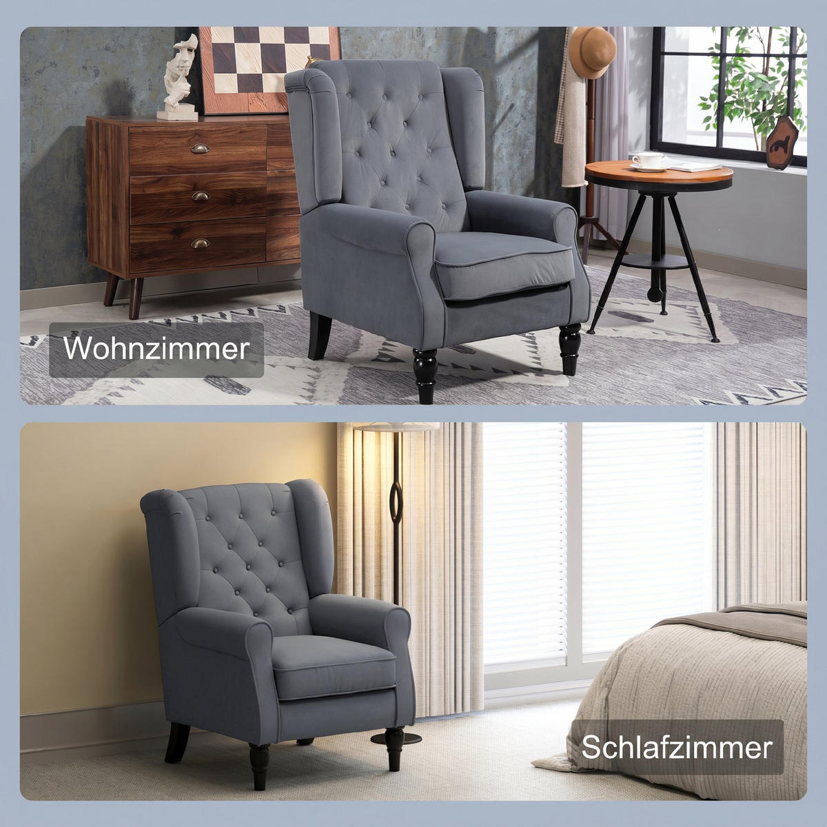 OHRENSESSEL Polyester Grau - Eukalyptusholzfarben/Grau, Holz/Textil (74/102/86cm) - HOMCOM