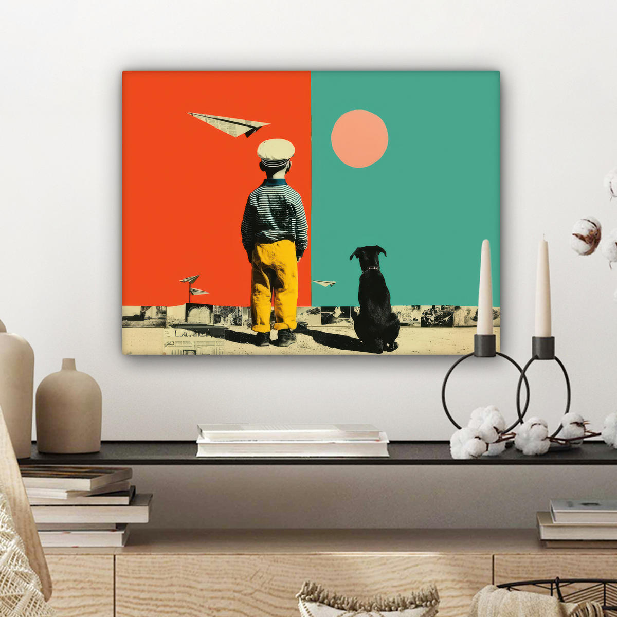 LEINWANDBILD Retro - Junge - Hund - Rot - Grün Wandbild 40x30 cm - Orange, Textil (40/30cm) - MuchoWow