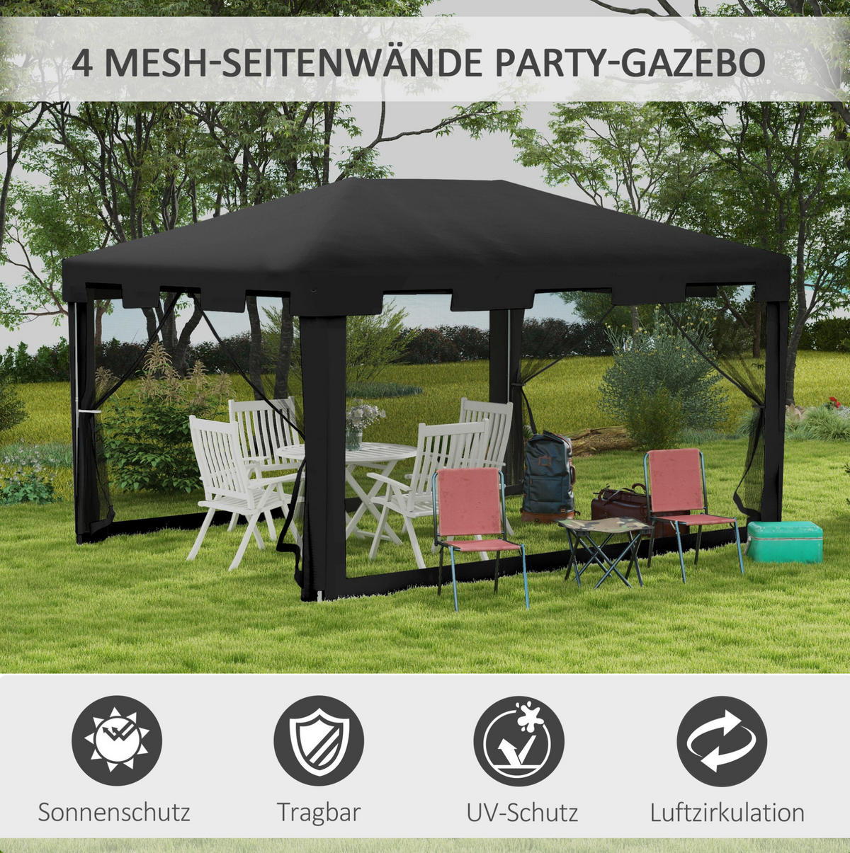 PAVILLON 395/295/255 cm mit Moskitonetz, wasserabweisendem Dach und Metallgestell, Dunkelgrau - Dunkelgrau, Metall (295/255/395cm) - Redom