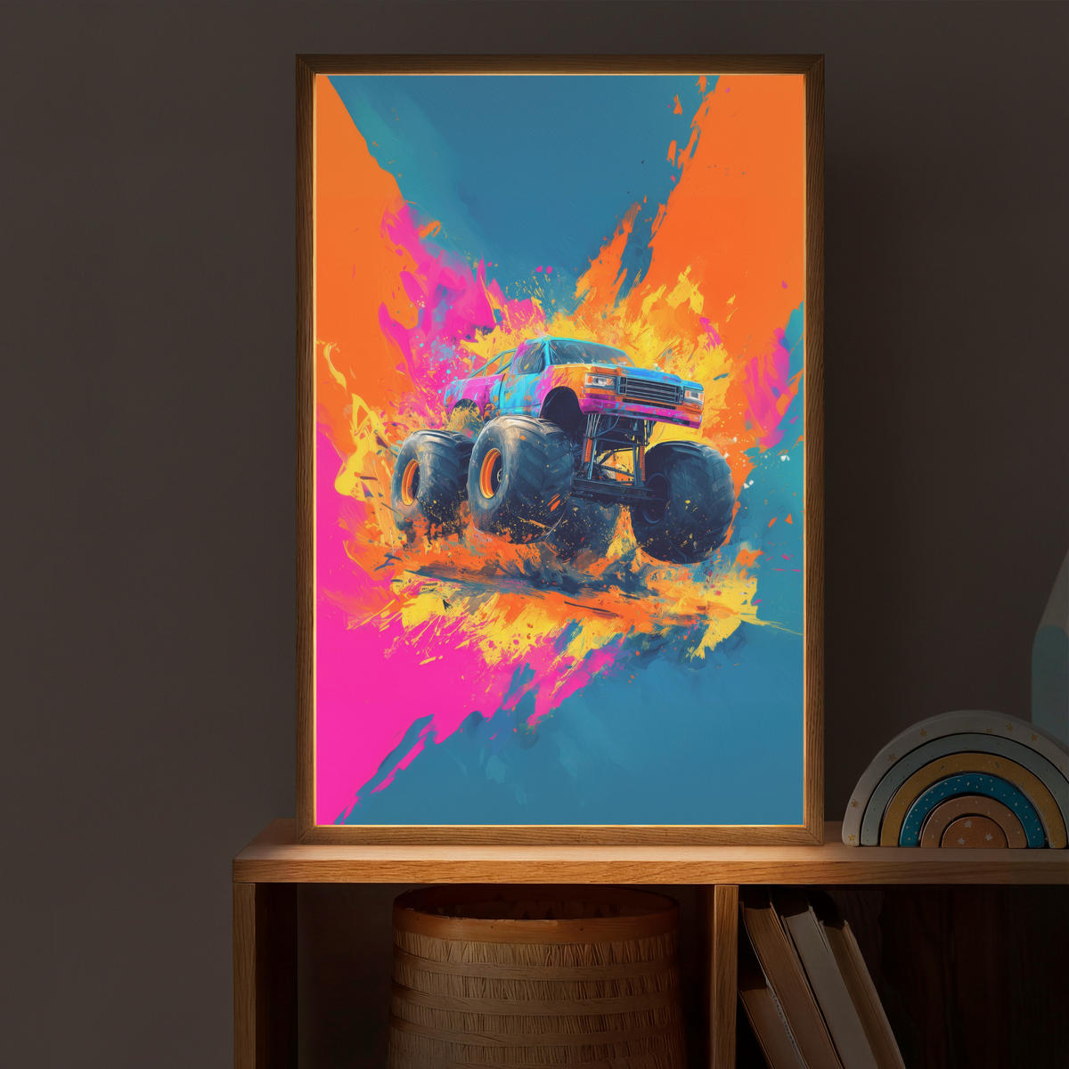 NÁSTĚNNÁ LAMPA S AKUMULÁTOREM Monster truck - Abstraktní - Stříkající barva - Barevné 40x60 cm - růžová, kompozitní dřevo (40/60/8cm) - OnlyWow