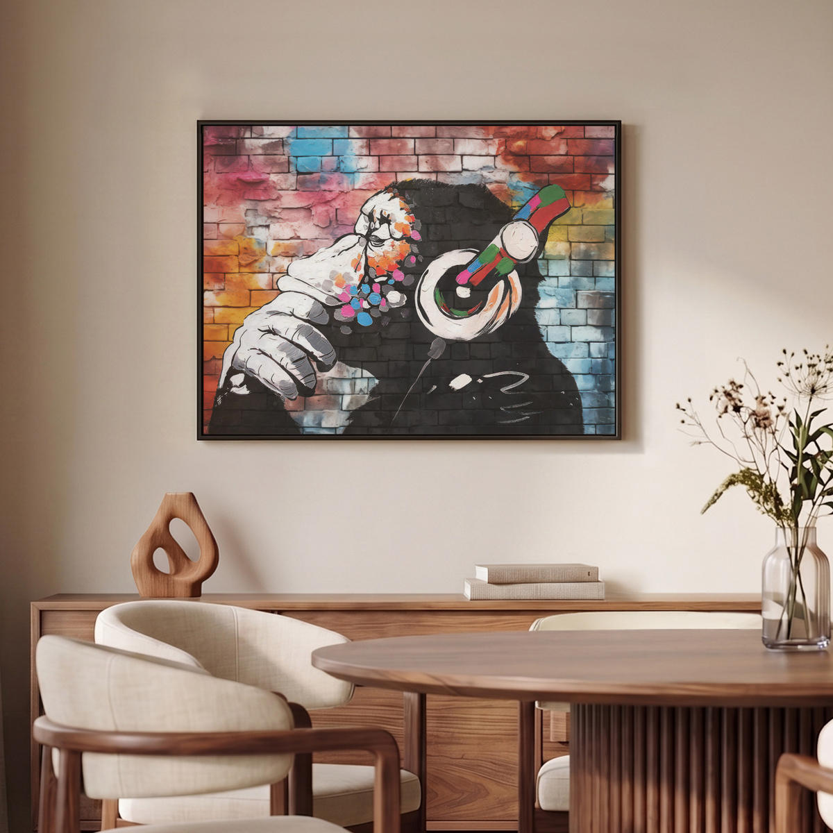LEINWAND Bilder mit Rahmen - Affe - Graffiti - Musik - 80x60 - Multicolor, Textil (80/60cm) - MuchoWow