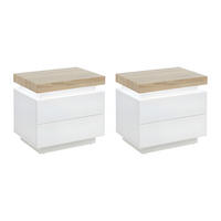 2ER-SET Nachttische mit 2 Schubladen & LEDs - MDF lackiert - Weiß & Eichefarben - HALO II - Naturfarben, Holz (55/50/40cm) - Vente-Unique
