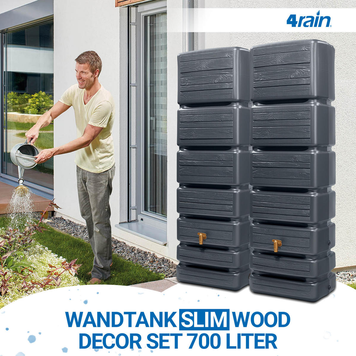 WANDTANK-SET 700 L graphite grey 2 x 350 L inkl. Verbindungsset - Graphitfarben, Kunststoff (130/184/39cm) - 4rain
