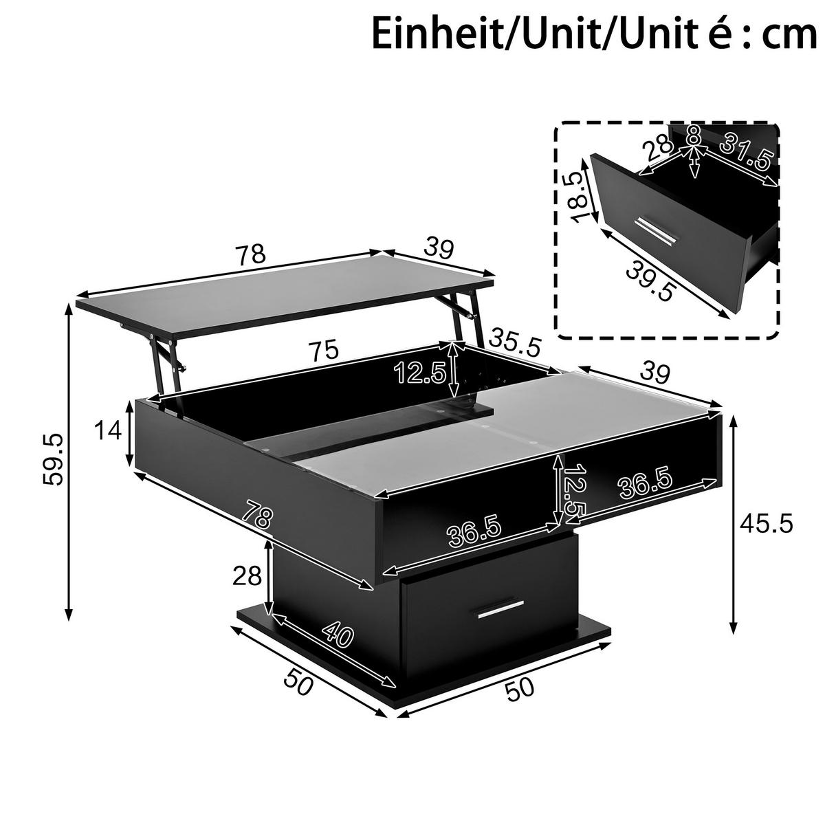 COUCHTISCH 78/78/45,5-59,5 cm höhenverstellbar mit LED-Beleuchtung und Stauraum, Schwarz - Schwarz, Holzwerkstoff (78/78/59.5cm) - Redom