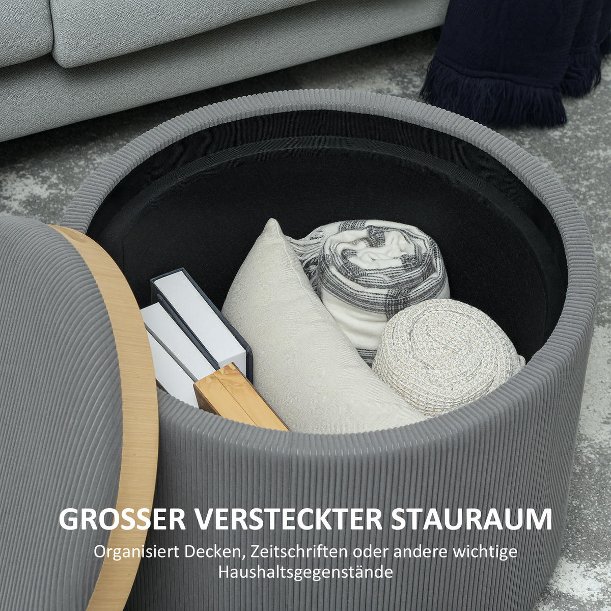 SITZHOCKER mit Stauraum Hocker mit Deckel, Cord-Optik 56 x 56 x 42 cm Grau - Grau, Textil (56/42/56cm) - HOMCOM