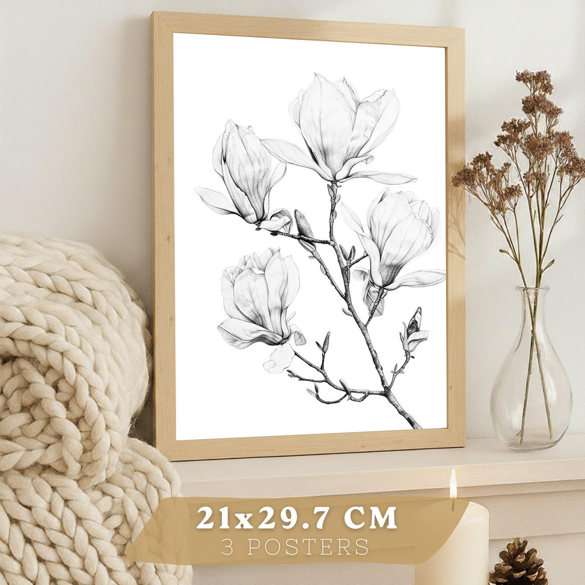 PLAKAT Sada 3 obrázků květin. Dekorativní nástěnné tisky Květiny tužkou. botanický plakát na zeď. Noridco květinové malby.Velikost A4 bez rámu - čirá, papír (29.7/42/3cm)