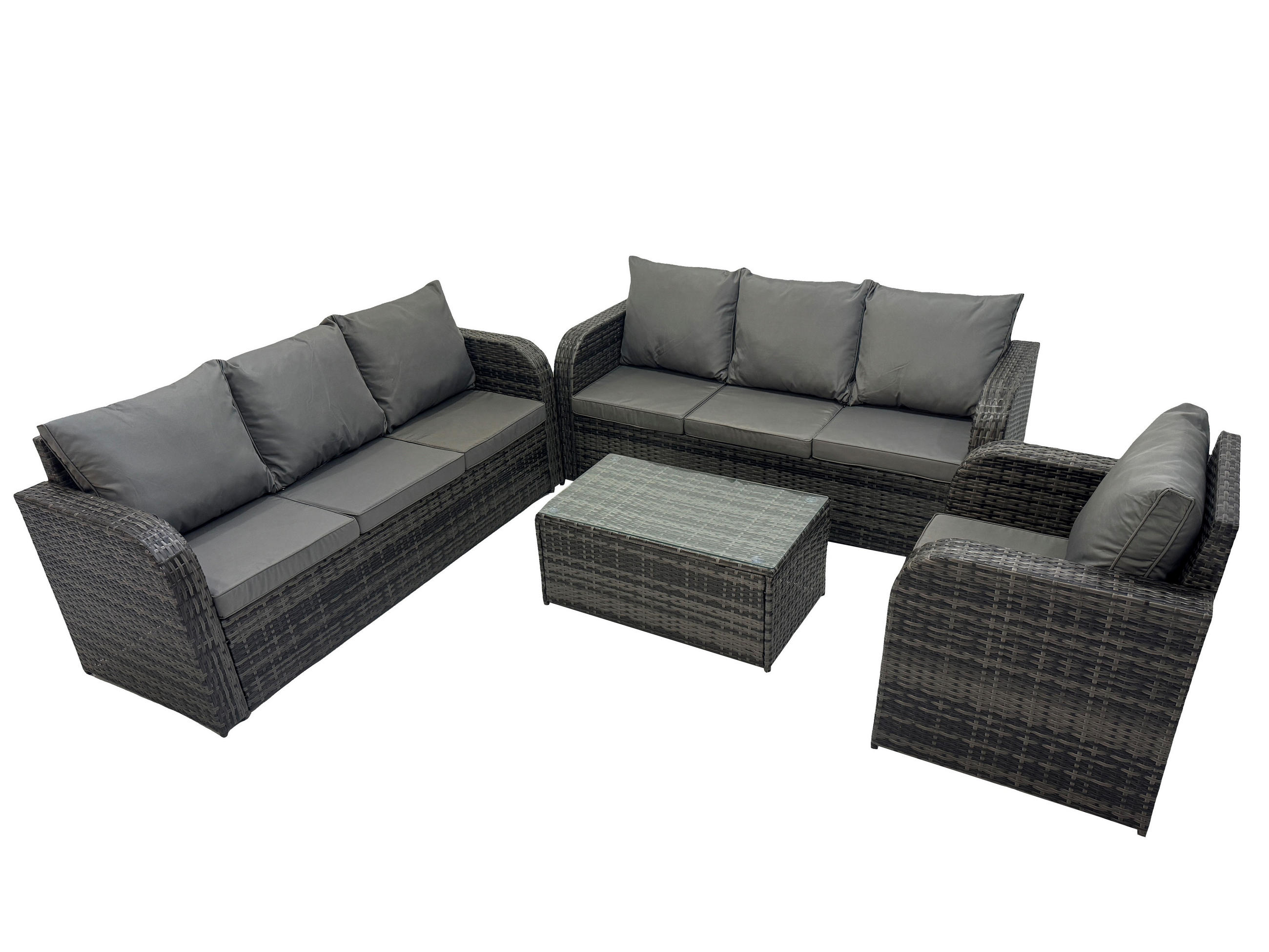 GARTENMÖBEL-SET mit Kissen Polyrattan Dunkelgrau 7-Sitzer - Dunkelgrau/Grau, Glas/Kunststoff - Fimous