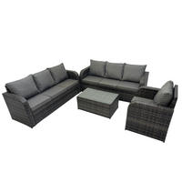 GARTENMÖBEL-SET mit Kissen Polyrattan Dunkelgrau 7-Sitzer - Dunkelgrau/Grau, Glas/Kunststoff - Fimous