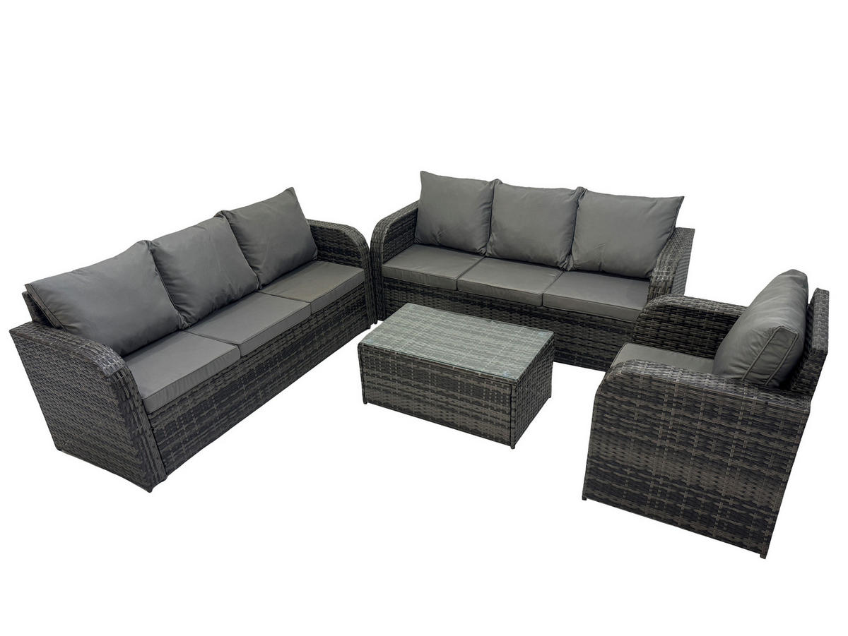 GARTENMÖBEL-SET mit Kissen Polyrattan Dunkelgrau 7-Sitzer - Dunkelgrau/Grau, Glas/Kunststoff - Fimous