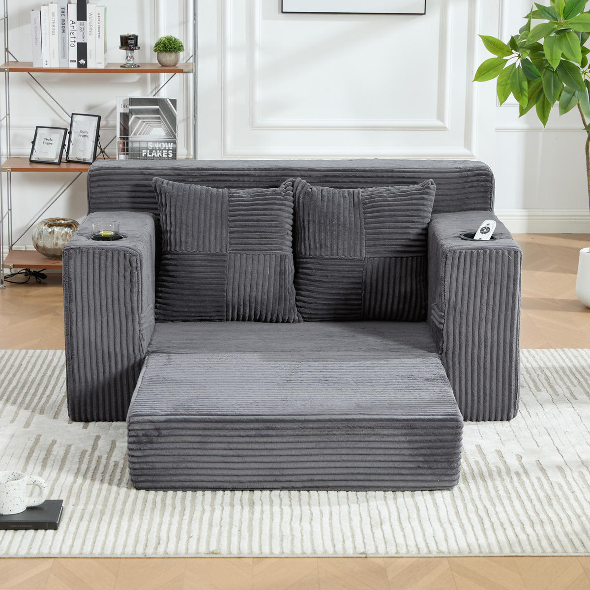 SCHLAFSOFA 2-in-1 mit Hocker, 2 Kissen und Becherhalter, DE-42913, Grau - Grau, Textil (133/64/87cm) - ComfortXL
