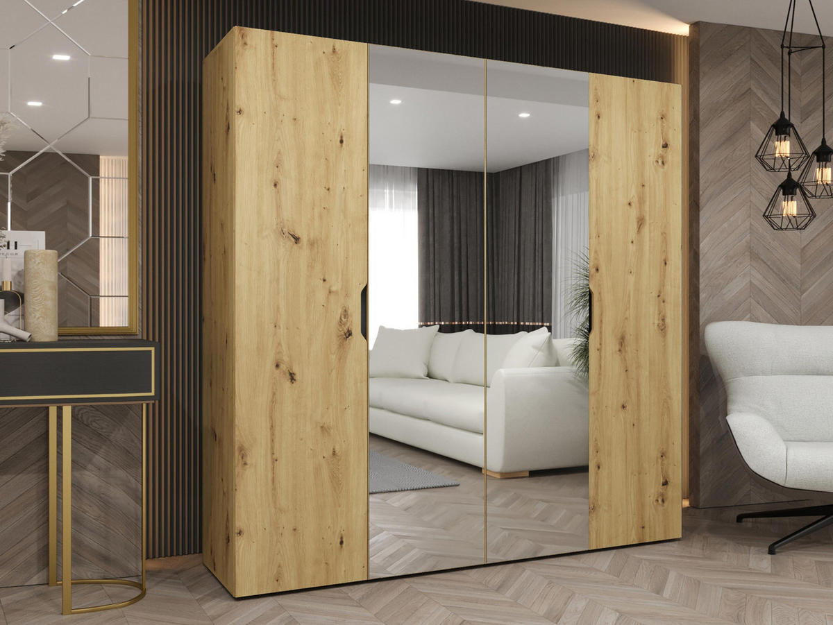 DREHTÜRENSCHRANK Malaga 200 mit Frontspiegel - Eiche Artisan, Holzwerkstoff (200/202/52cm) - MIRJAN24
