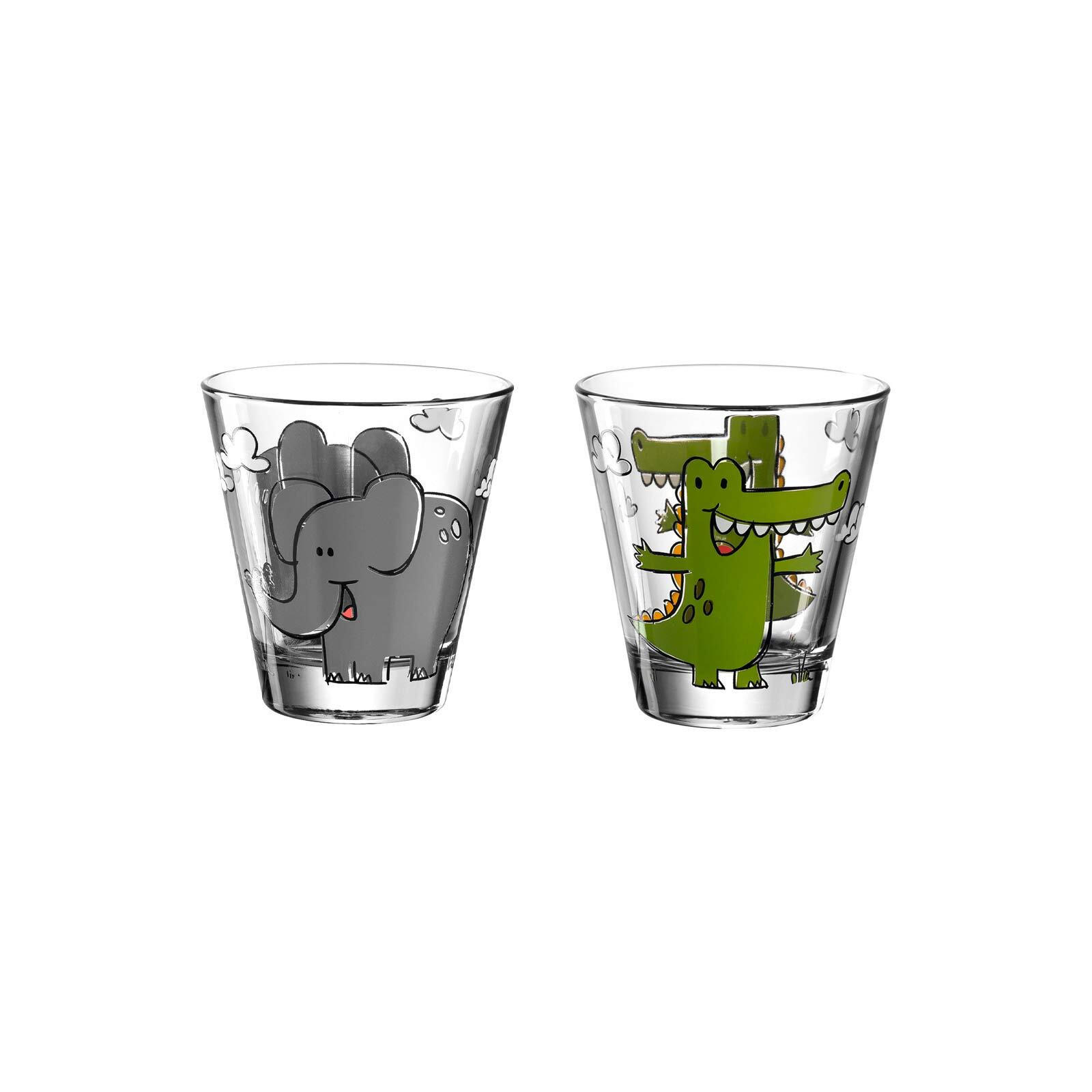 KINDERBECHER Bambini Elefant & Krokodil 215 ml 2er Set - Grau/Grün, Glas (0.215L) - Leonardo Living