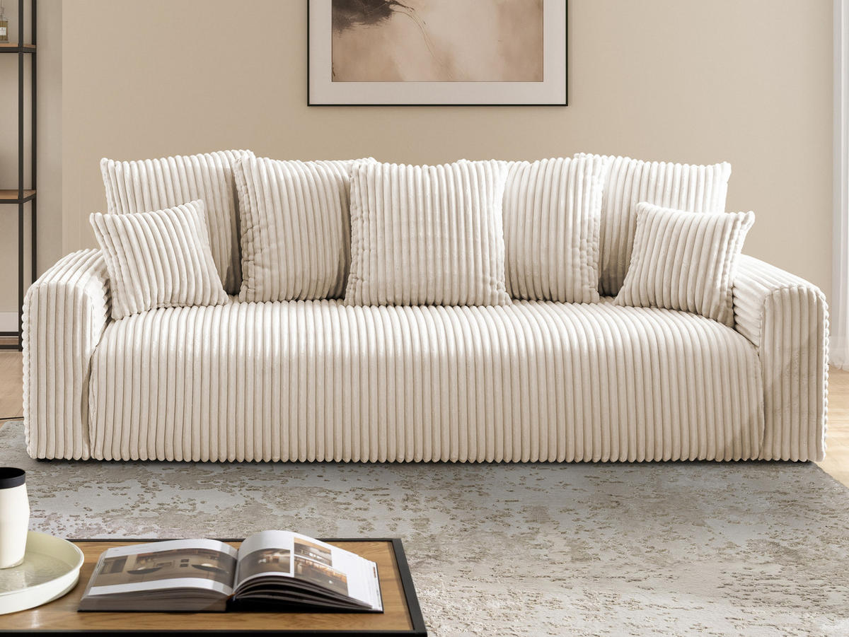 SCHLAFSOFA Calma mit Bettkasten im Bumpy-Design aus weichem Creme Plüschcord - Creme/Schwarz, Holz/Kunststoff (239/88/98cm) - S-Style