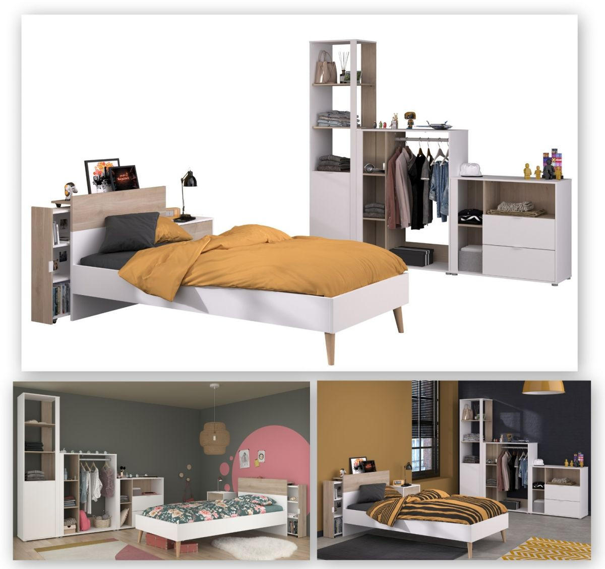 JUGENDZIMMER weiß, Eiche, Komplett-Set 6-teilig mit vielen Fächern - Eichefarben/Weiß, Holzwerkstoff (95/205/206cm) - Parisot Meuble