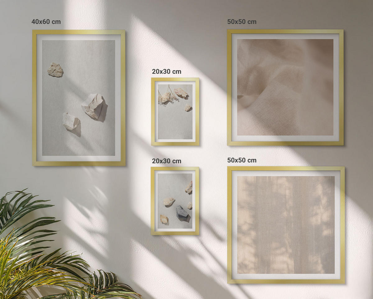 WANDBILDER 5er Set - 50x50 cm & 20x30 cm & 40x60 cm Goldrahmen - Boho-Stranddekorationen aus Steinen - Goldfarben, Kunststoff (40/60cm) - ArtPrintCave