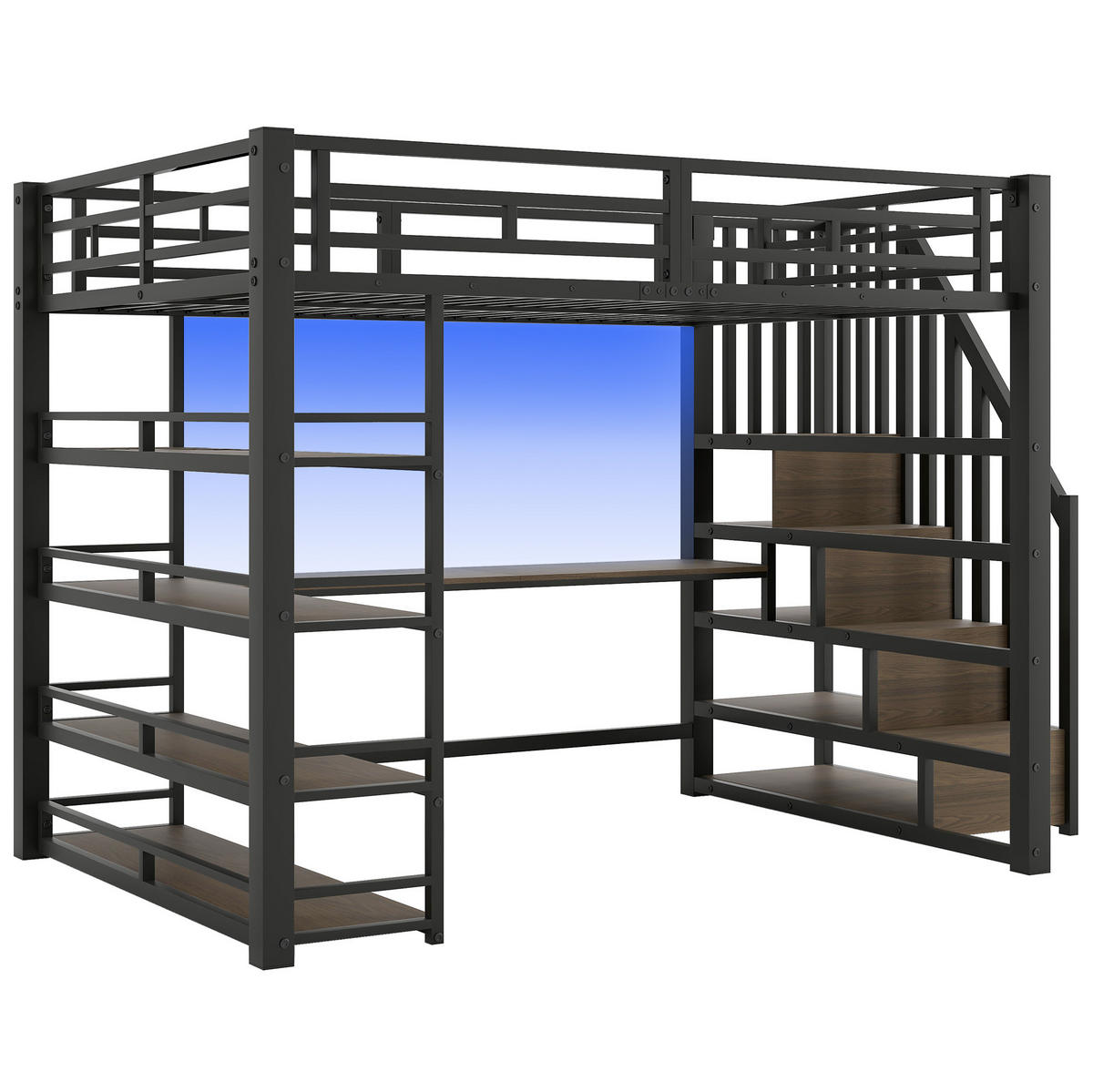 HOCHBETT 140/200 cm aus Metall und MDF mit Schreibtisch, Treppe, LED-Licht und Stauraum Schwarz - Schwarz, Holzwerkstoff (140/200cm) - Modenvie