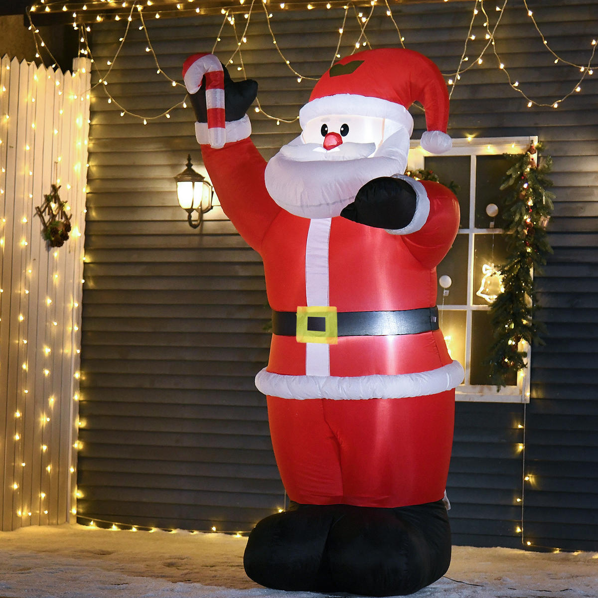 WEIHNACHTSDEKO aufblasbar , 2,4 m Weihnachtsmann mit LED-Beleuchtung Zuckerstange - Rot, Textil (90/240/160cm) - HOMCOM