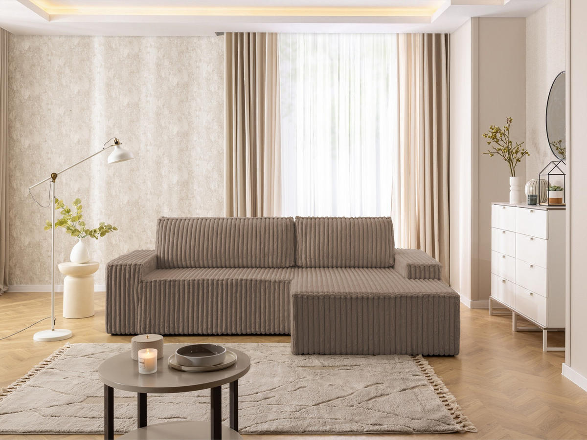 ECKSOFA Rivio mit Schlaffunktion und Bettkasten, Plüschcord Braun - Schwarz/Braun, Holz/Kunststoff (262/149cm) - S-Style
