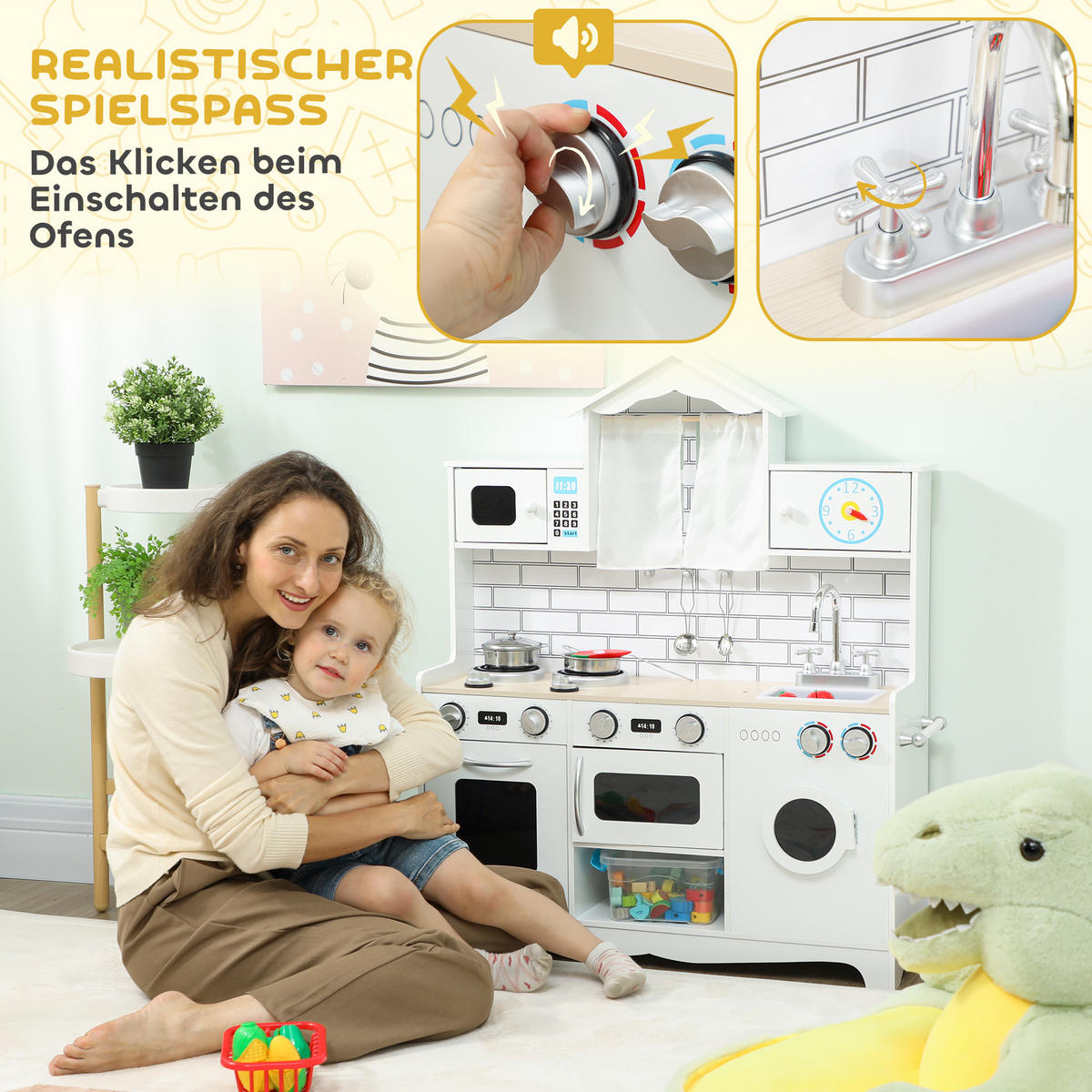KINDERKÜCHE Spielküche mit Ofen Spüle Soundfunktion und Zubehör Spielzeugküche - Weiß, Holzwerkstoff (24/79.5cm) - AIYAPLAY