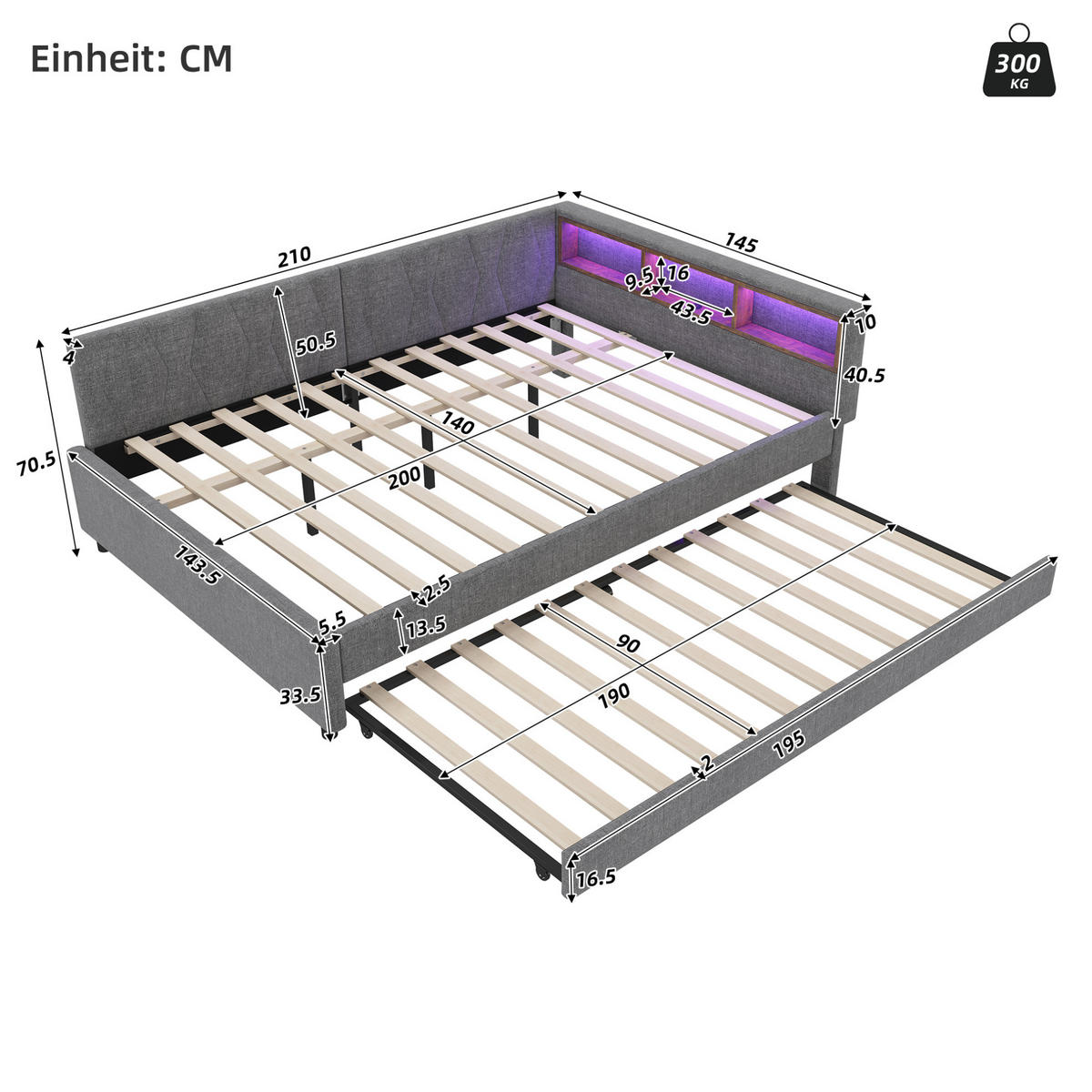 POLSTERBETT aus Leinen 140x200 cm in Grau mit LED-Beleuchtung & USB-C - Grau, Textil (140/200cm) - Modfu