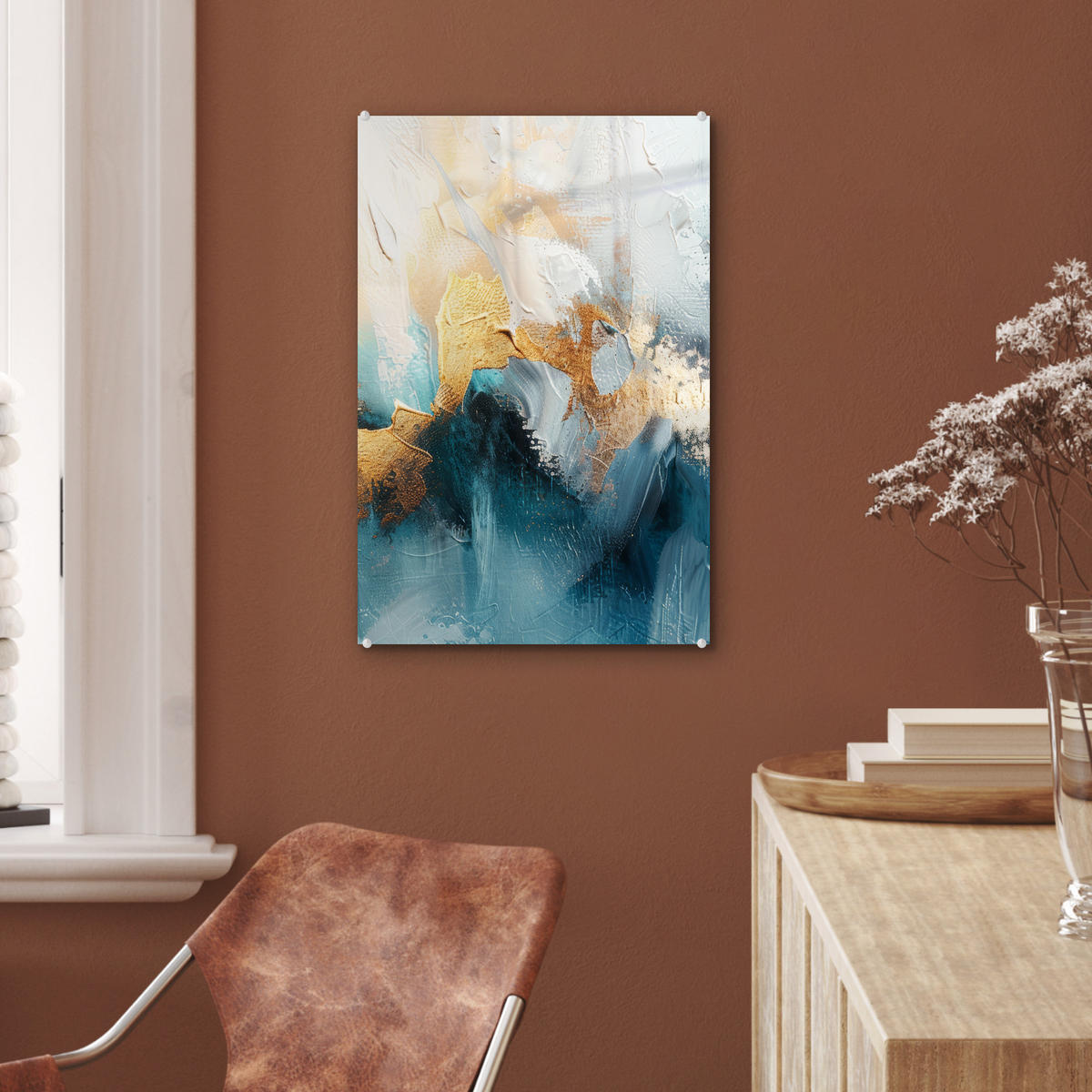 ACRYLGLASBILD Abstrakt - Kunst - Gold - Blau 40x60 cm - Petrol, Glas (40/60cm) - MuchoWow