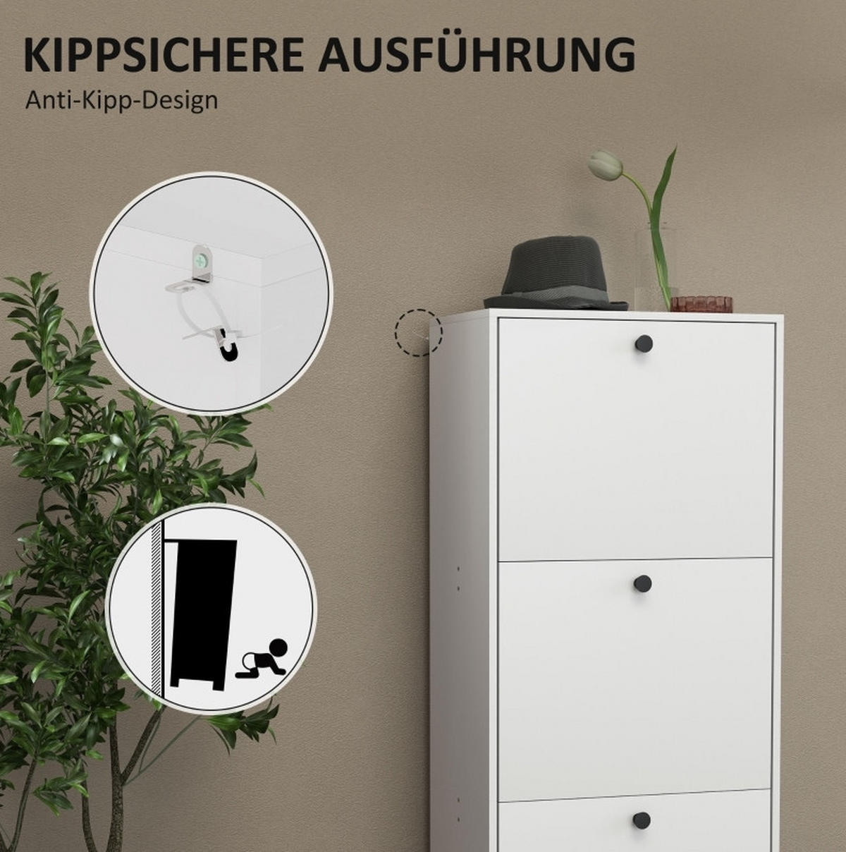 SCHUHSCHRANK 47/28/115 cm in Weiß mit 3 Klappen - Weiß, Holzwerkstoff (47/115/28cm) - Flora Grace