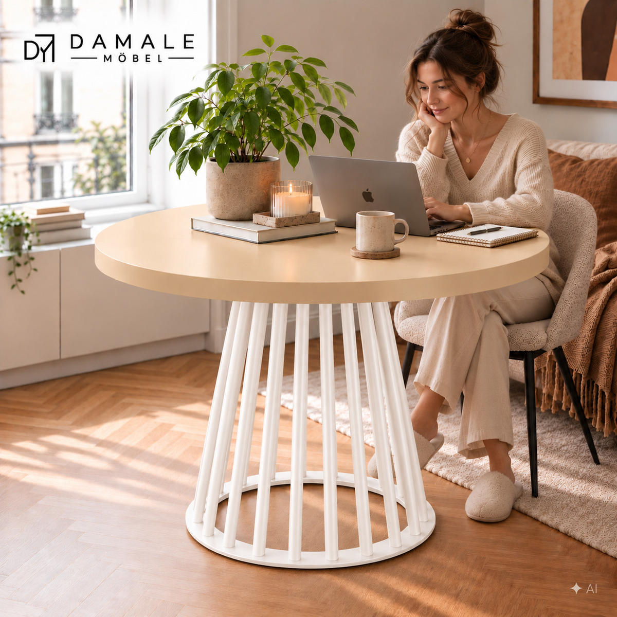 ESSTISCH rund ausziehbar 90/190/76 cm, Kaschmir, 54 cm Tischplatte + Lamellen-Metallgestell Weiß - Kaschmir/Weiß, Holzwerkstoff/Metall (90/190/76cm) - Damale Möbel