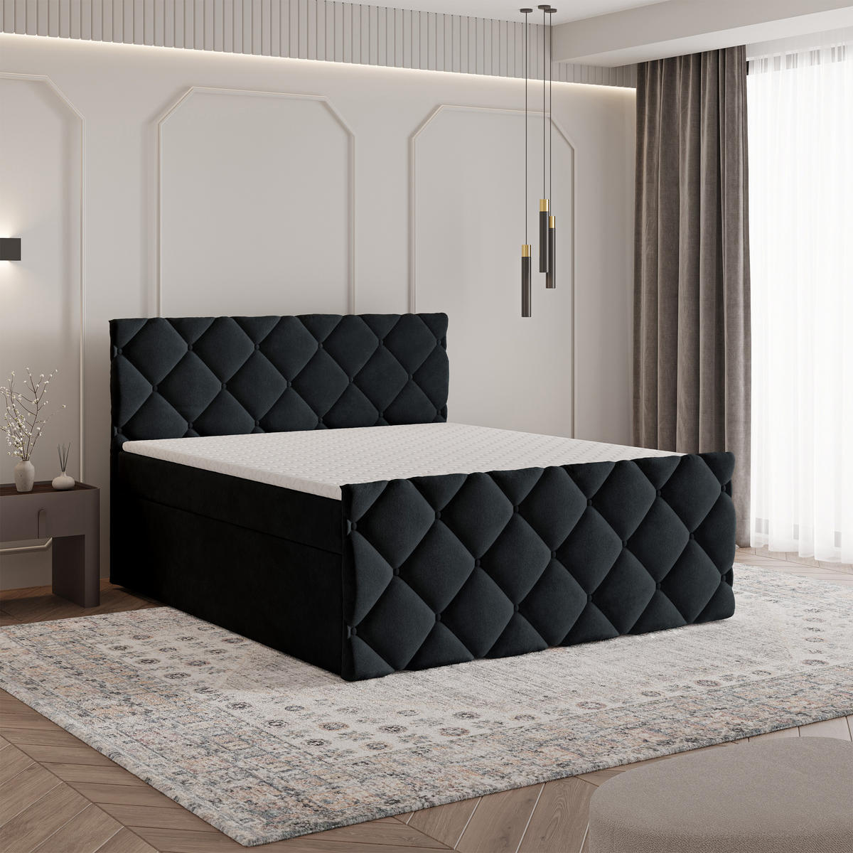 BOXBETT ROVARI 180x200 cm mit Matratze und Topper - Schwarz - Schwarz, Holz (180/200cm) - MASSENO