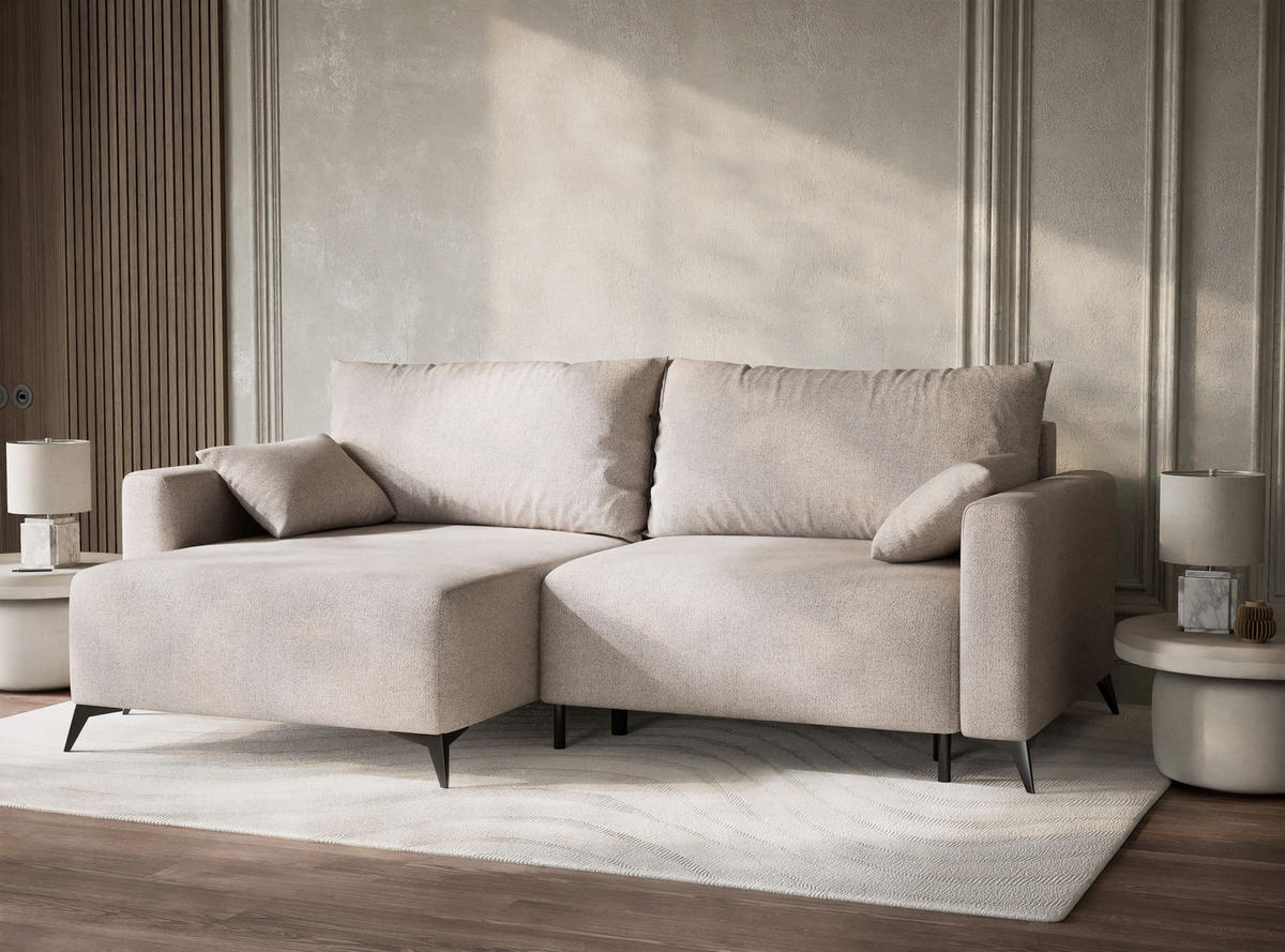 ECKSOFA MIT SCHLAFFUNKTION Leon Hellbeige Webstoff - Beige/Schwarz, Holz/Holzwerkstoff (148/239cm) - Maison de Reve