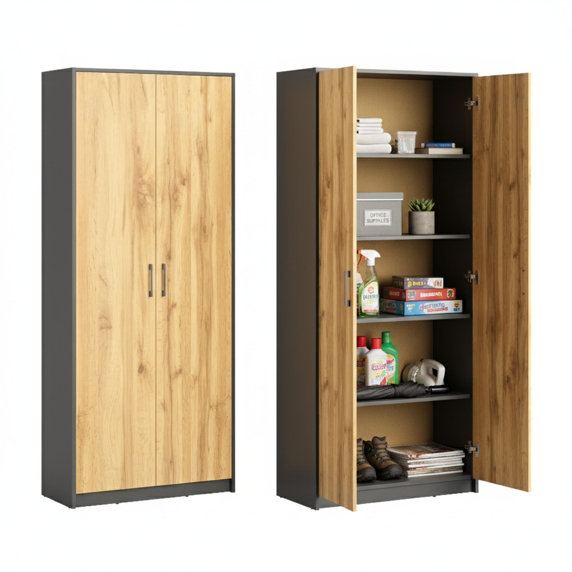 MEHRZWECKSCHRANK mit 5 Fächern und 2 Türen in Graphit / Eiche - Eichefarben/Graphitfarben, Holzwerkstoff (74/180/35cm) - Home Collective