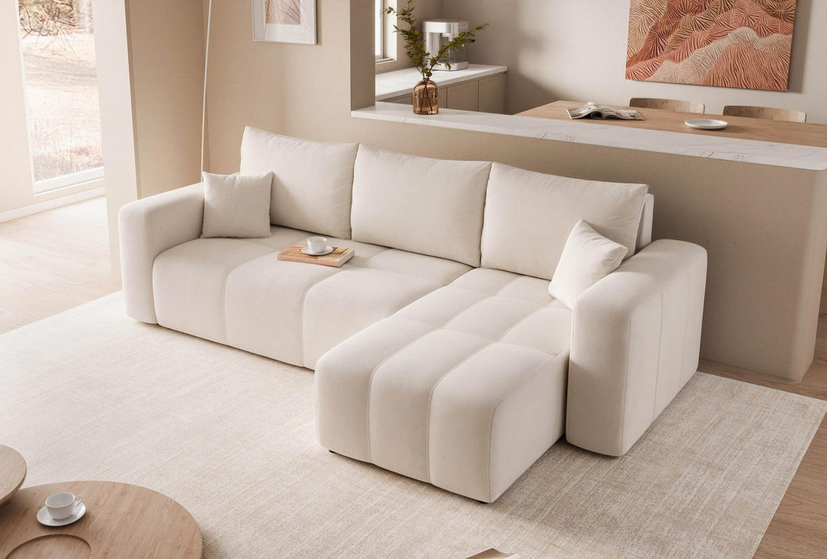 ECKSOFA Creme Velours mit Bettkasten und Schlaffunktion - Creme, Textil (248/145cm) - Idohome