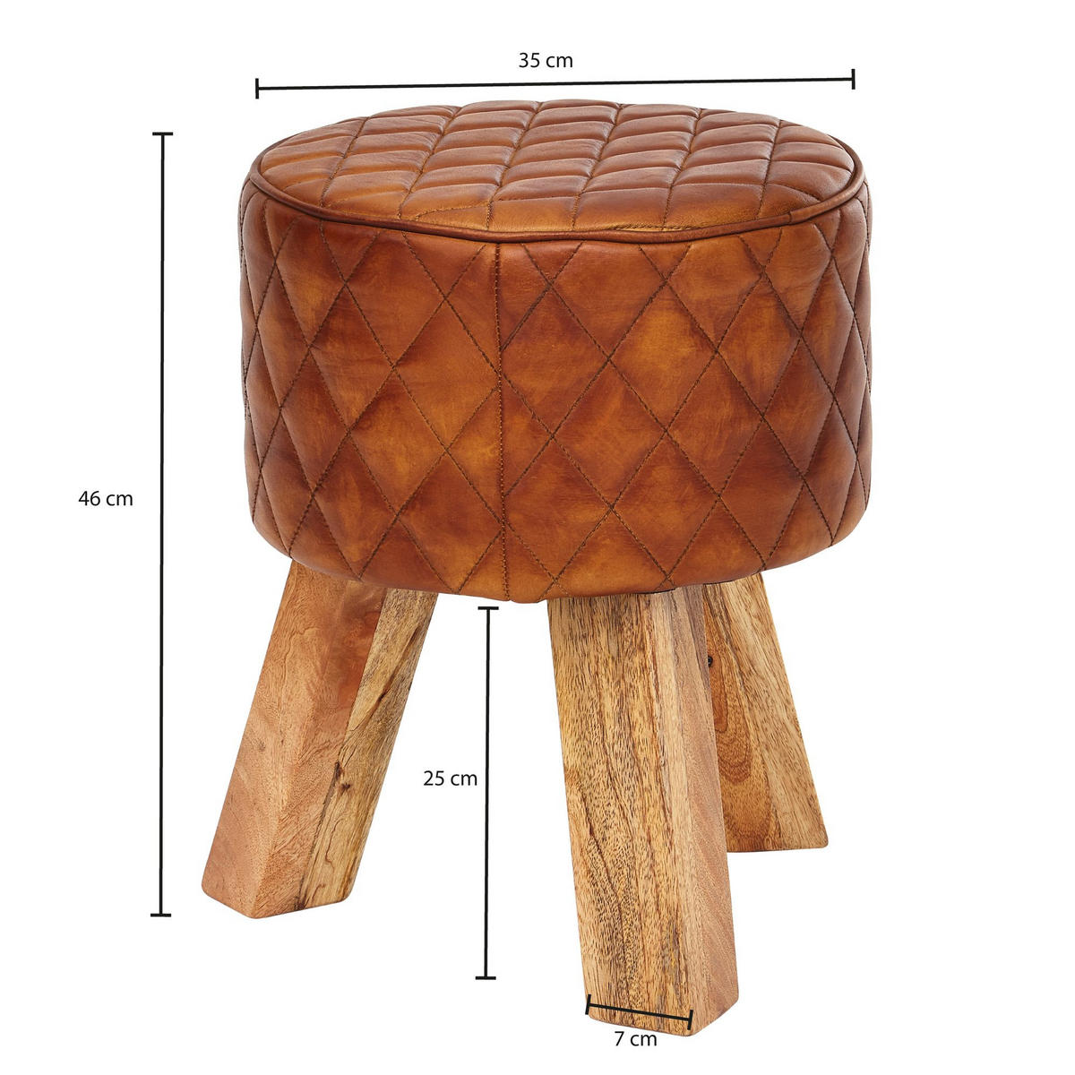 SITZHOCKER – Holz/Leder, 46 cm, Rautenmuster, Braun - Braun, Mangoholz/Leder (35/46/35cm) - KADIMA DESIGN