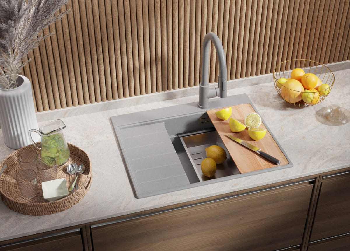 SPÜLBECKEN Sydney, 2-er set Grau 62/50 cm 1 Becken + Ablauf-Set + Küchenzubehörset ab 45er Unterschrank - Chromfarben/Beige, Kunststoff (62/20/50cm) - Primagran