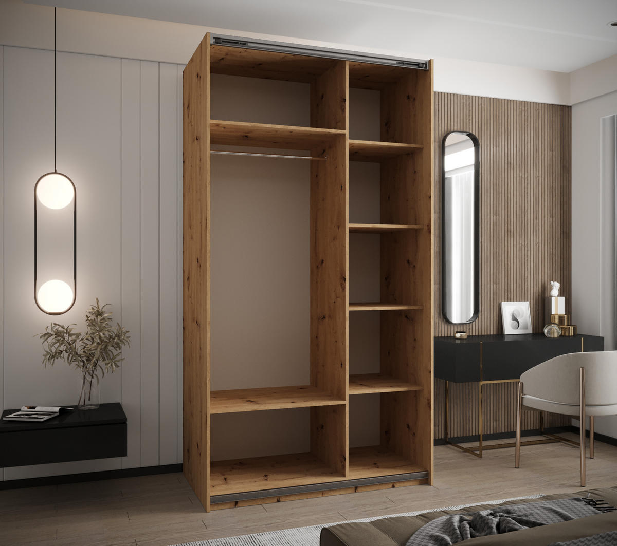 SCHWEBETÜRENSCHRANK 245,5/140/64 2-türig - Schwarz/Eiche Artisan, Holz/Metall (140/245/64cm) - Abiks Möbel