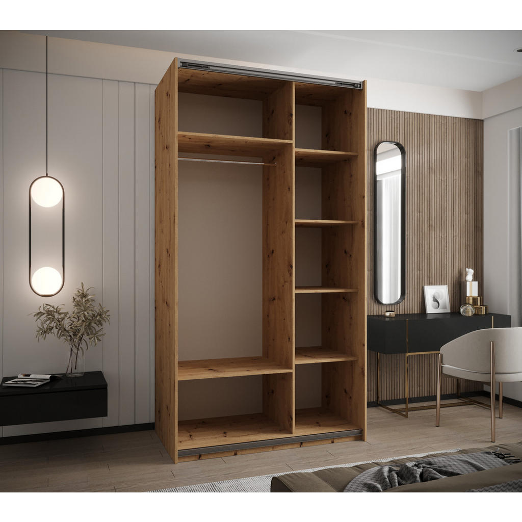 Thumbnail - Abiks Möbel Schwebetürenschrank, Eiche Artisan, Eiche Artisan, Schwarz, Metall, Nachbildung, 6 Fächer, 140x245x64 cm, Sc...
