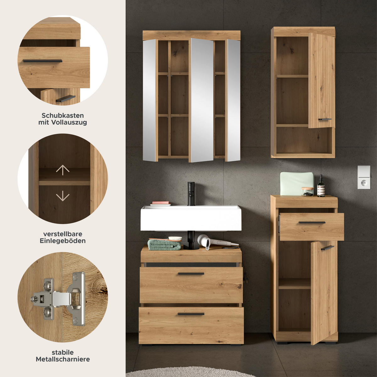 BADEZIMMER Vento 4-tlg. (B/H/T: ca. 112/191/34 cm) in Artisan Eiche /Artisan Eiche - Eiche Artisan, Holz (112/191/34cm)