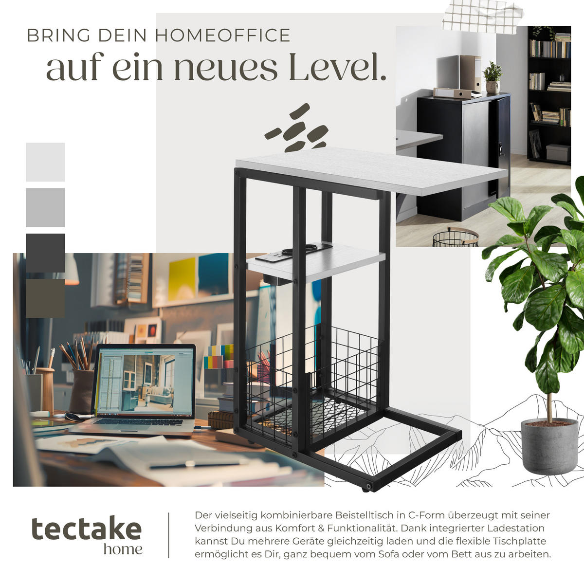 LAPTOP-BEISTELLTISCH Rhea,50 - 73 x 30 x 61,5 cm,weiß - Weiß, Metall (73/30/62.5cm) - tectake