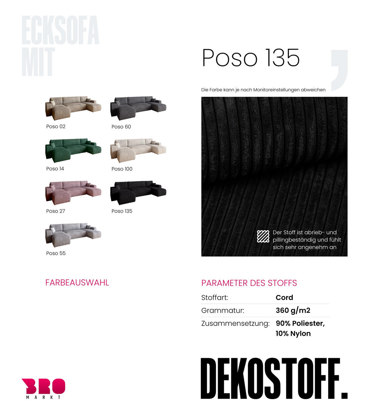WOHNLANDSCHAFT PUMI mit Schlaffunktion Schwarz Cord - Schwarz, Textil (312/82/148cm) - Bromarkt