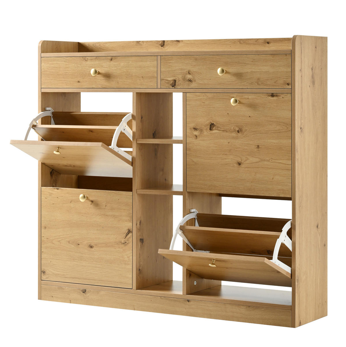 SCHUHSCHRANK 110/26/100 cm mit 4 Klapptüren, 2 Schubladen und 3 offenen Fächern, Natur - Naturfarben, Holzwerkstoff (110/100/26cm) - Redom