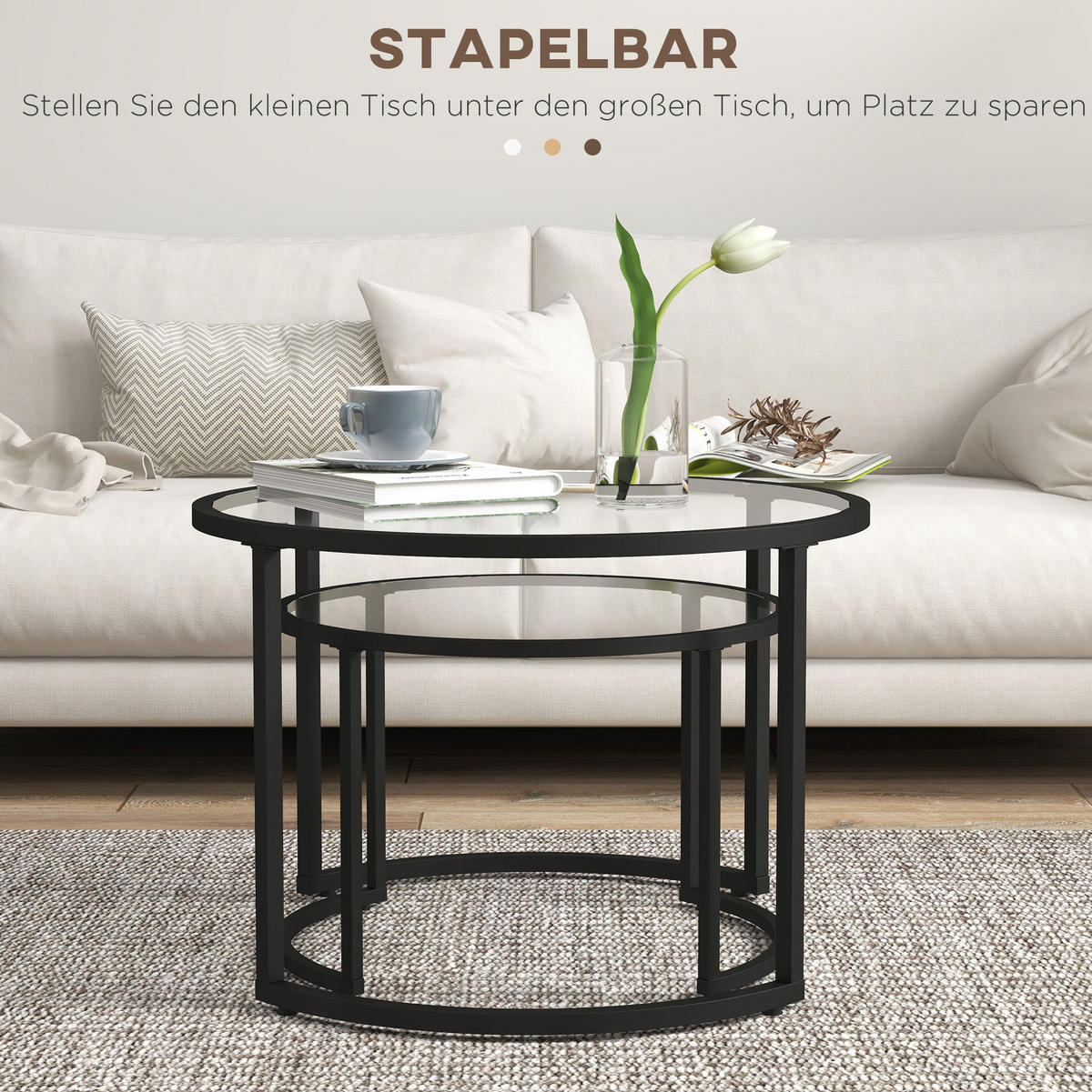 COUCHTISCH-SET aus Stahl 70x70x47 cm und Glas Schwarz, 2-teilig, ineinanderschiebbar - Schwarz, Metall (70/70/47.5cm) - IVMEU