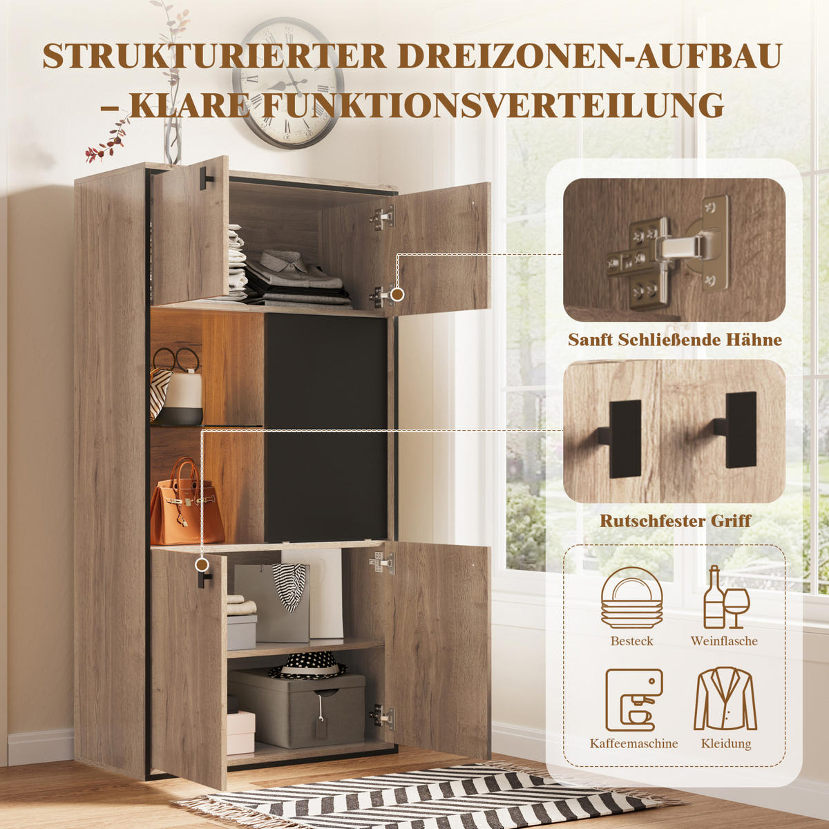 HIGHBOARD aus Holzwerkstoff 77,8/36/150 cm mit LED-Beleuchtung, Schiebetür und 3-Zonen-Stauraum, Naturfarben - Naturfarben, Holzwerkstoff (77.8/150/36cm) - Redom