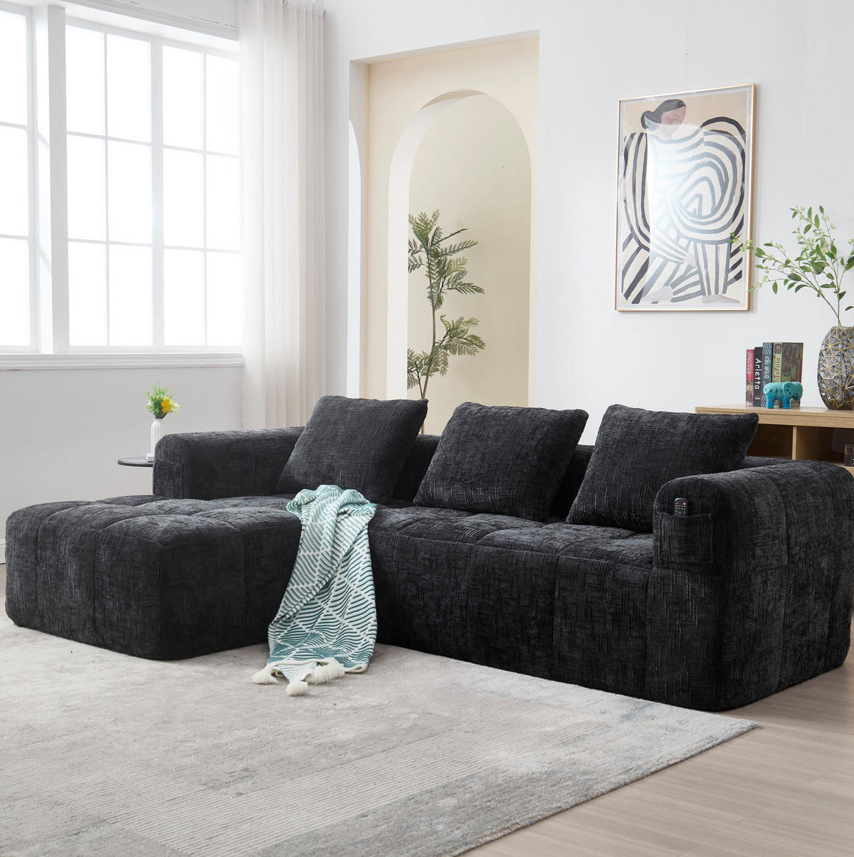 SOFA mit Chaiselongue 250 x 158 cm Chenille Black - Schwarz, Textil (158/250cm) - Meubliv